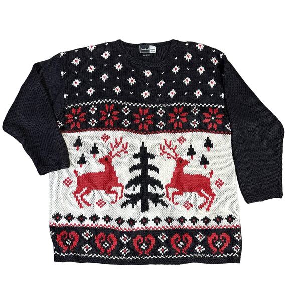 BeldochPopper Woman Christmas Sweater 1X Black/Red/White Reindeer Snowflake Tree - Picture 1 of 9